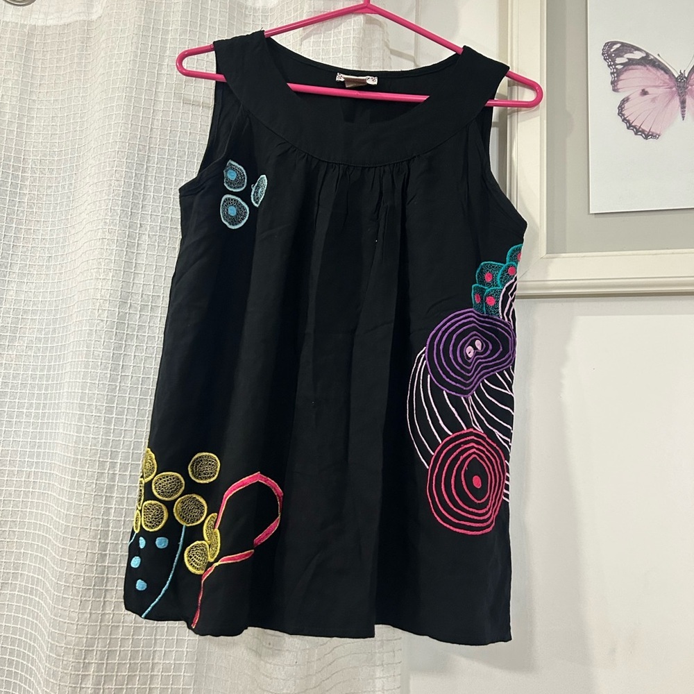 100% RAYON Kidcore Black Blouse with Colorful Embroiderery